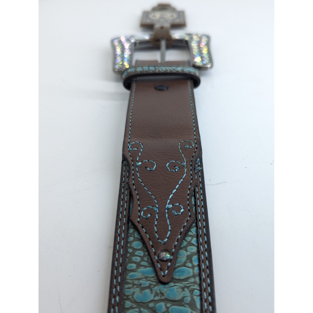 Roper Womens XXL 44/46 Brown Turquoise Leather Rhinestone Western Belt NWT - Picture 2 of 6